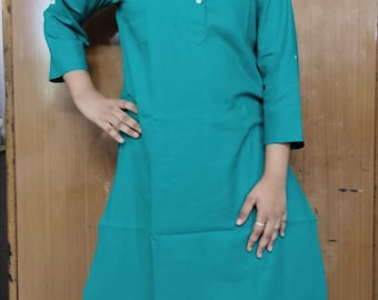 Handmade Teal Cotton Kurti, Boho Indian Tunic Top
