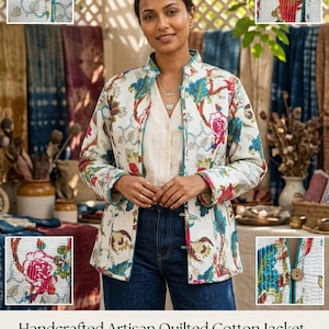 May include: A quilted cotton jacket featuring a white base with a vibrant floral pattern in red, blue, and green. The jacket has a mandarin collar, long sleeves, and a front button closure with wooden buttons. The edges are finished with teal trim.