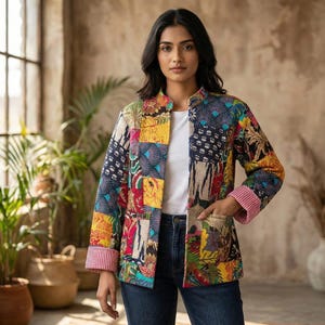 Wendbare Kantha Quilt Jacke, Patchwork Baumwolle, Handgemachter Indischer Mantel