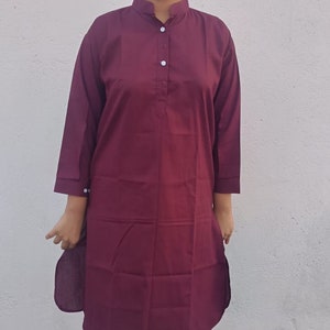 Mahroon Womens cotton kurti women&#39;s Kurti top tunics handmade solid top designer kurti kurta birthday gift for her wedding top tunics