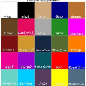 May include: A color chart with 25 different colors, including white, black, beige, blue, bronze, brown, dark pink, gray, green, magenta, maroon, mustard, navy blue, olive green, orange, pink, purple, rama green, red, royal blue, sea green, sky blue, violet, yellow, and denim blue. The chart is titled "Colour Chart By Hak-Enterprises".