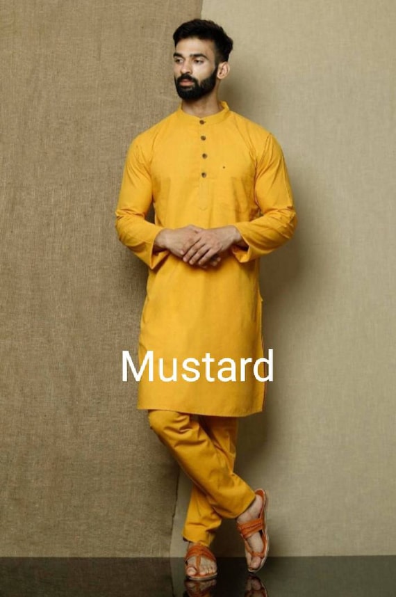 Handmade Indian Men's Cotton Kurta: Traditional Solid Shirt