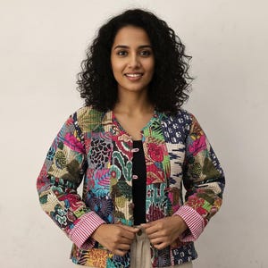 Rewersyjna kurtka pikowana Kantha, indyjski płaszcz z bawełny w patchwork, styl boho