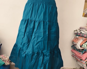 Smocked Cotton Midi Skirt with Pockets: Lightweight Tiered Summer Skirt