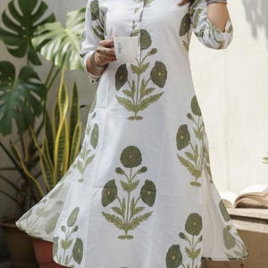 Hand Block Print Green Cotton Kurti, Indian Tunic Top, Long Dress Gift for her
