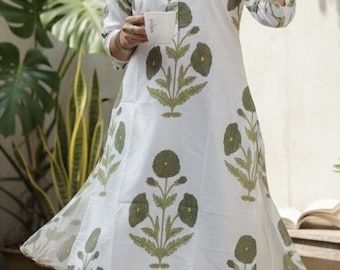 Green Floral Cotton Kurta Dress, Women's Ethnic Block Print Tunic, Boho Summer Kurti