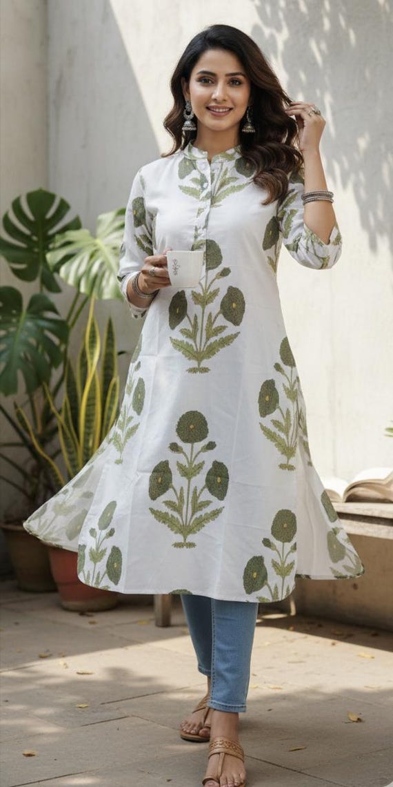 cotton kurta dress Hand Block Print Green Kurti, Indian Tunic Top, Long Gift for her Ideal for Daytime Celebrations Color:Blue Posey Style:Tunic Kurta designs This Shoe Trend Made