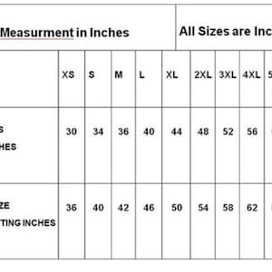 May include: A chart showing men's kurta size measurements in inches. The chart includes sizes from XS to 7XL, with corresponding chest measurements for both actual body size and shirt chest size with loose fitting.