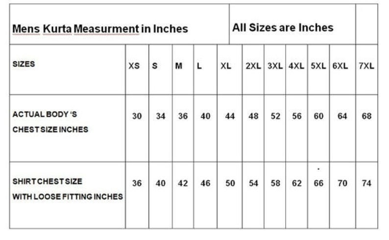May include: A chart showing men's kurta size measurements in inches. The chart includes sizes from XS to 7XL, with corresponding chest measurements for both actual body size and shirt chest size with loose fitting.