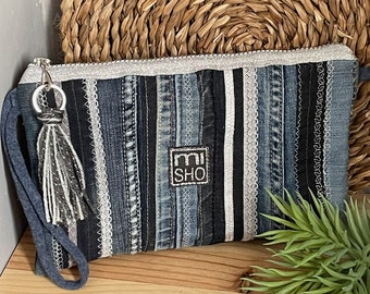 Bolso artesanal de tejano reciclado, exclusiva bolsa de mano, Bolso hecho a mano a partir de tejanos reciclados
