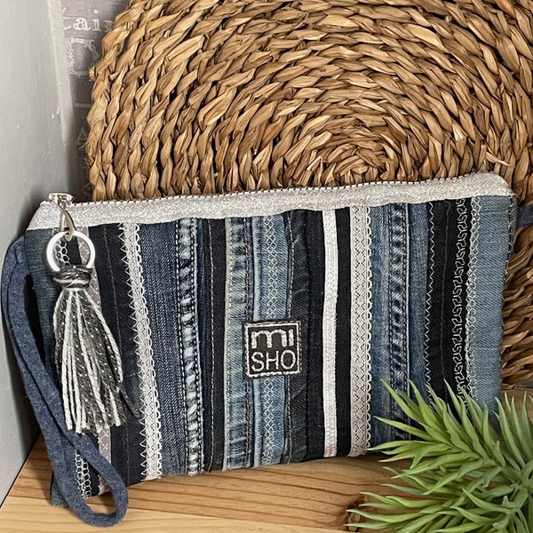 Recycled denim handbag, Denim Crossbody Bag, exclusive denim handbag, Womens Clutch Bag, embroidery denim clutch bag