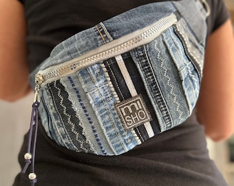 Recycled Denim Crossbody Bag: Handmade Women&#39;s Bum Bag