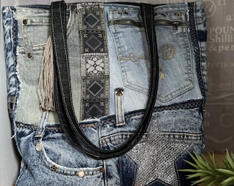 Recycled Denim Tote Bag: Unique Jeans Patchwork Design