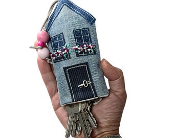 Denim House Keychain: Embroidered Recycled Fabric Keyring