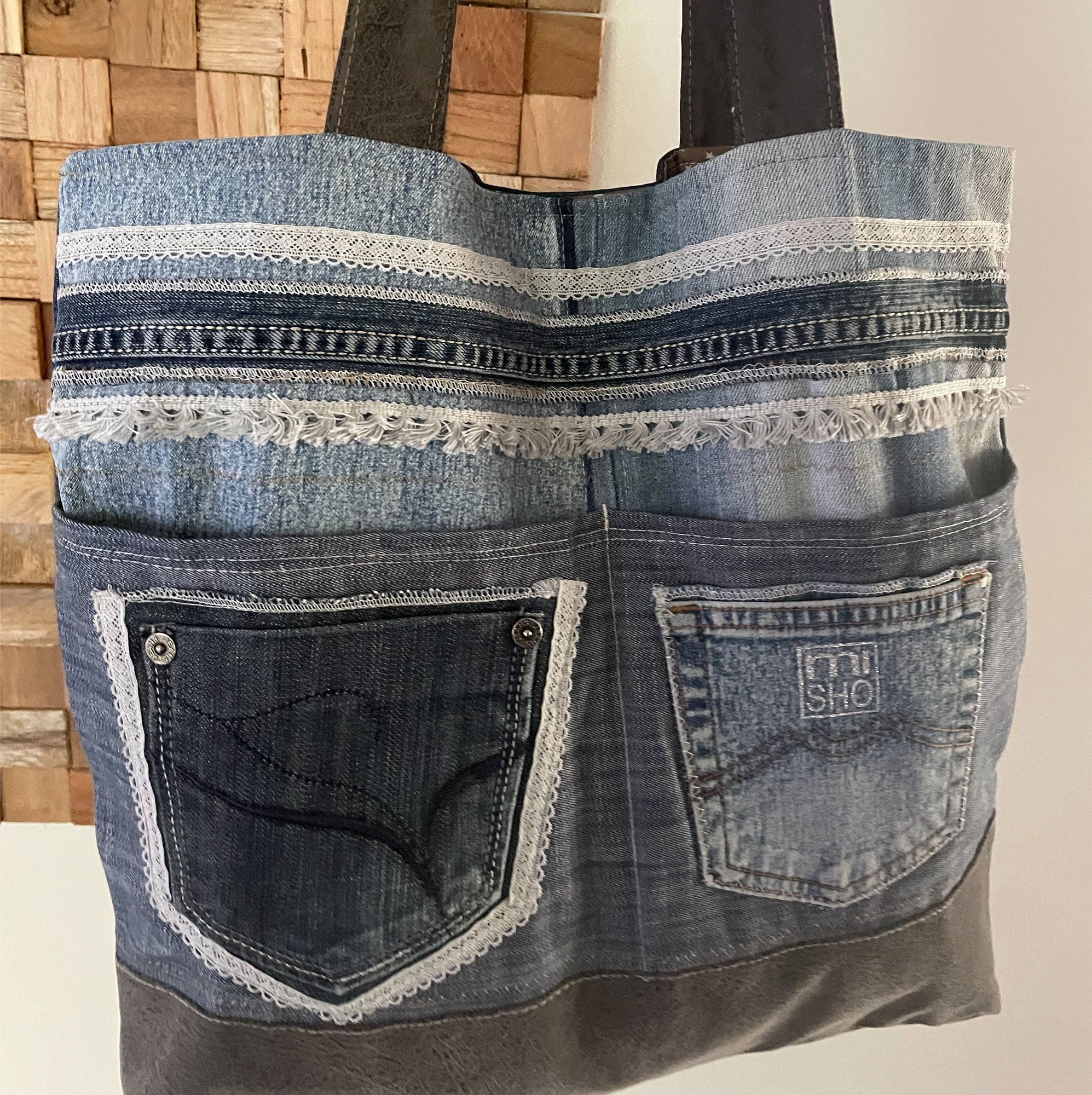 Recycled Denim Tote Bag With Pockets, Tote Bag, Denim Tote, Jeans Bag ...