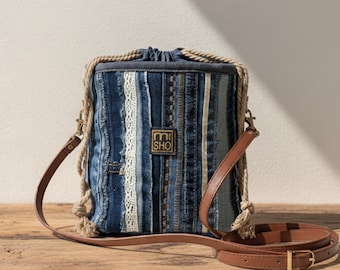 Handmade Upcycled Denim Bucket Bag – Unique Patchwork Purse with Interchangeable Straps
