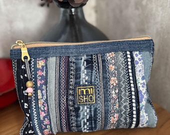 Upcycled Denim Pencil Case: Handmade Floral Patchwork Zipper Pouch