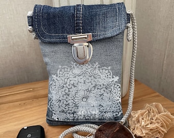 Recycled Denim Slim Crossbody Mobile Phone Bag, Phone Carrier, Exclusive handmade phone bag, Womens denim crossbody Bag with pockets
