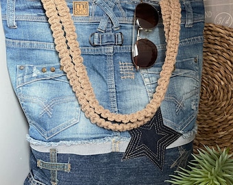Recycled Denim Tote Bag: Large Jeans Bag with Macrame Handles