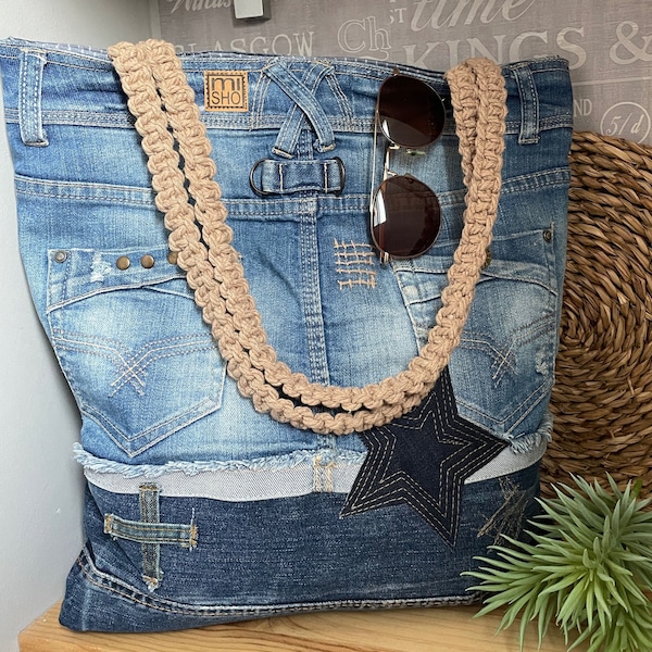 Exclusivité Sac fourre-tout en denim recyclé, sac fourre-tout, fourre-tout en denim, grand sac en jean, denim