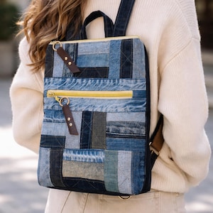 Upcycled Denim Backpack | Handmade Patchwork Jeans Bag | Sustainable Everyday Backpack with Zipper Pocket