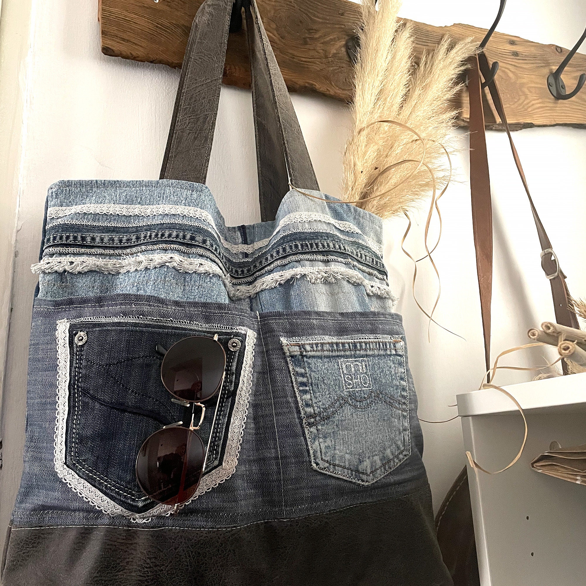 Recycled Denim Tote Bag With Pockets Tote Bag Denim Tote - Etsy