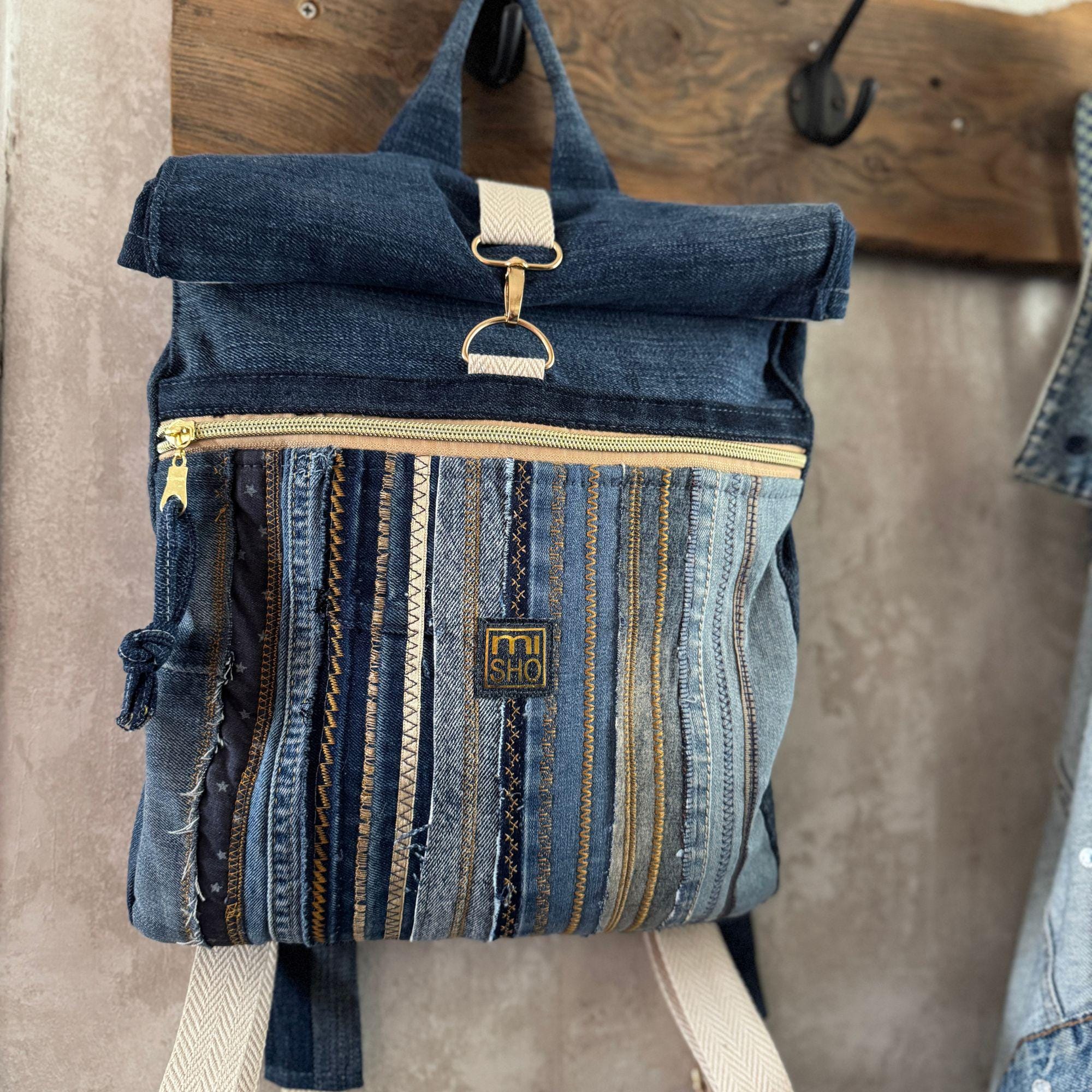 Handmade Roll Zip Backpack Denim Hand Painted Floral Textile Leather Boho Bag Just going pop this one out there! ? I main image 3