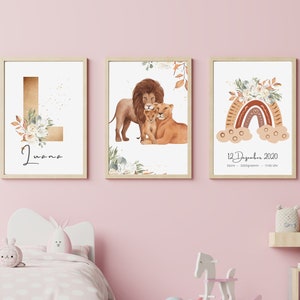 Kinderzimmer Geburtsposter Regenbogen 3er Set Wandbilder Babyzimmer Mädchen Geschenk Geburt Taufe Löwenfamilie Geburtstag Name Größe Gewicht