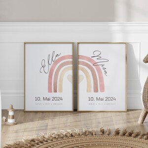 personalisiertes Regebogen Geburtsposter für Geschwister, Zwillinge, individuelle Geburtsdaten,  Kinderzimmer Deko, Mädchen