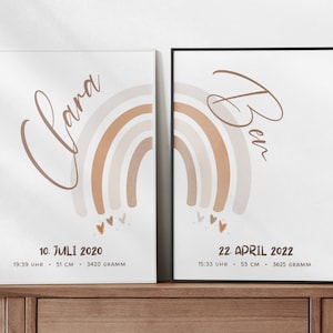 Kinderzimmer Geschwister Poster Beige Regenbogen 2er Set Wandbilder, Geschenk zur Geburt