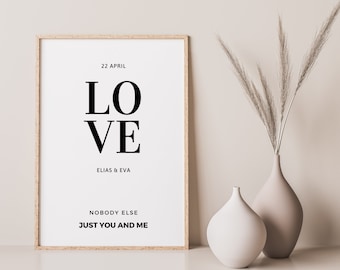 LOVE Poster, personalisiert mit Namen/Datum, Valentinstagsgeschenk für Männer, Hochzeitstag, Jahrestag, Freund und Freundin, Pärchen Liebe