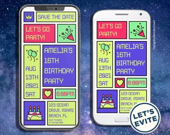 Birthday Party Neon Emoji Mobile Invitation Electronic Save the Date Evite Invite Craft Design Minimalist Editable Template Digital file sms