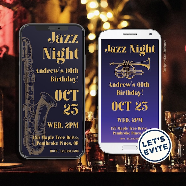 Jazz Night Electronic Save The Date JazzBar Invitation Birthday Party Craft Design Minimalist Editable Template Digital File sms Evite