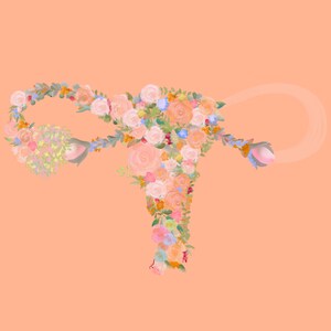 May include: A stylized image of a female reproductive system made of pink, white, and yellow flowers. The flowers are arranged in the shape of a uterus and fallopian tubes.