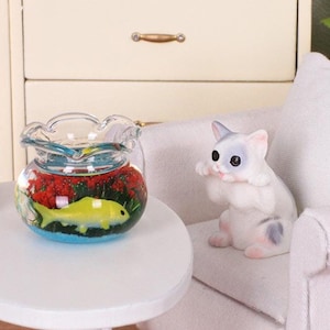 Dollhouse Round Fish Tank, Miniature Cat Ornament, Imitation Fish Tank, Dollhouse Fish Tank Bowl, Miniature Goldfish Aquarium