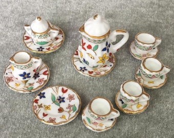 Dollhouse Porcelain Tea Set, 1:12 Doll House Kitchen Accessories Set Of 15, Dollhouse Tea Cup Set