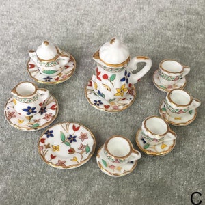 Dollhouse Porcelain Tea Set, 1:12 Doll House Kitchen Accessories Set Of 15, Dollhouse Tea Cup Set
