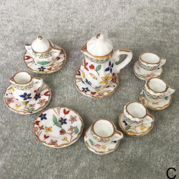 Service à thé en porcelaine de maison de poupée, ensemble d'accessoires de cuisine de maison de poupée 1:12 de 15, ensemble de tasses à thé de maison de poupée