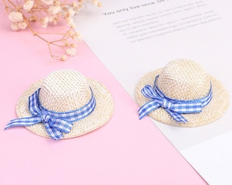 2PCS Miniature Straw Hat, Dollhouse Miniature Hat, Doll Flocking Bow Hat, Mini Cute Dolls Hat, Dollhouse Accessories