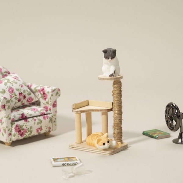 Miniature Cat Tower, 1:12 Scale Wood Pet Cat Tree, Miniature Wood Cat Tree,  Dollhouse Miniature Furniture Decor