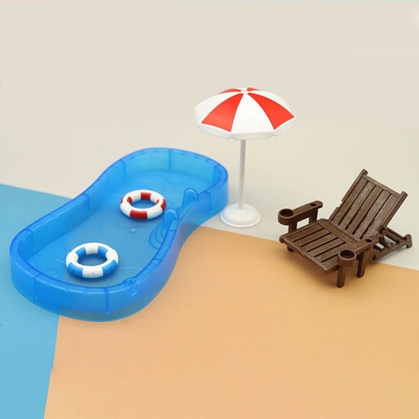Piscine miniature Dollhouse, Ornement de scène de piscine miniature, Mini chaise de plage, Mini Parasol, Accessoires de maison de poupée