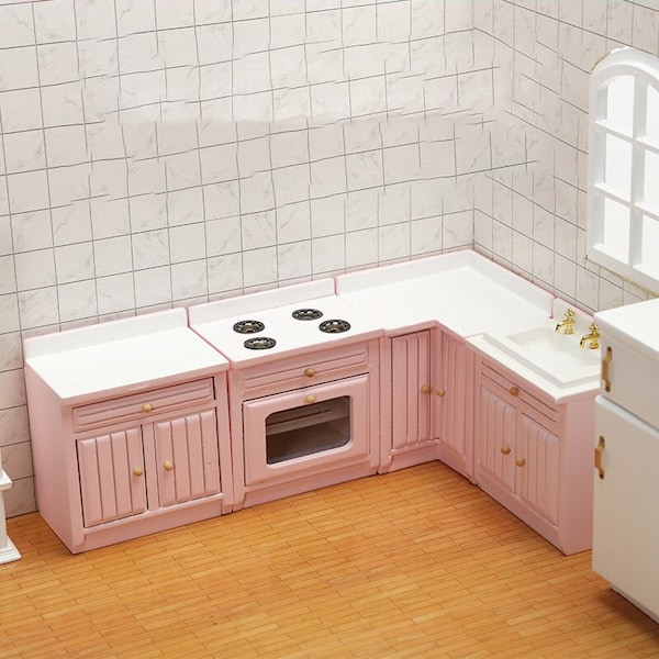 Miniature Kitchen Cabinets,Mini Kitchen Cupboard Sink Cooking Counter Toy Model,Dollhouse Miniature Furniture Accessories