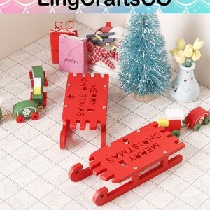 Dollhouse Sleigh,Miniature Red Sleigh, Doll House Christmas Ornament Scene Decor,Miniature Wooden Sleigh,Kids Pretend Play Toy