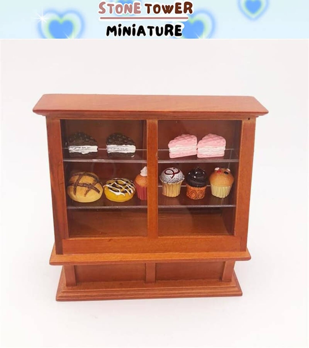 Mini Vitrine à Gâteaux En Bois Pour Maison De Poupée - Meuble Pâtisserie Avec Porte Coulissante, Décor Cuisine Miniature
