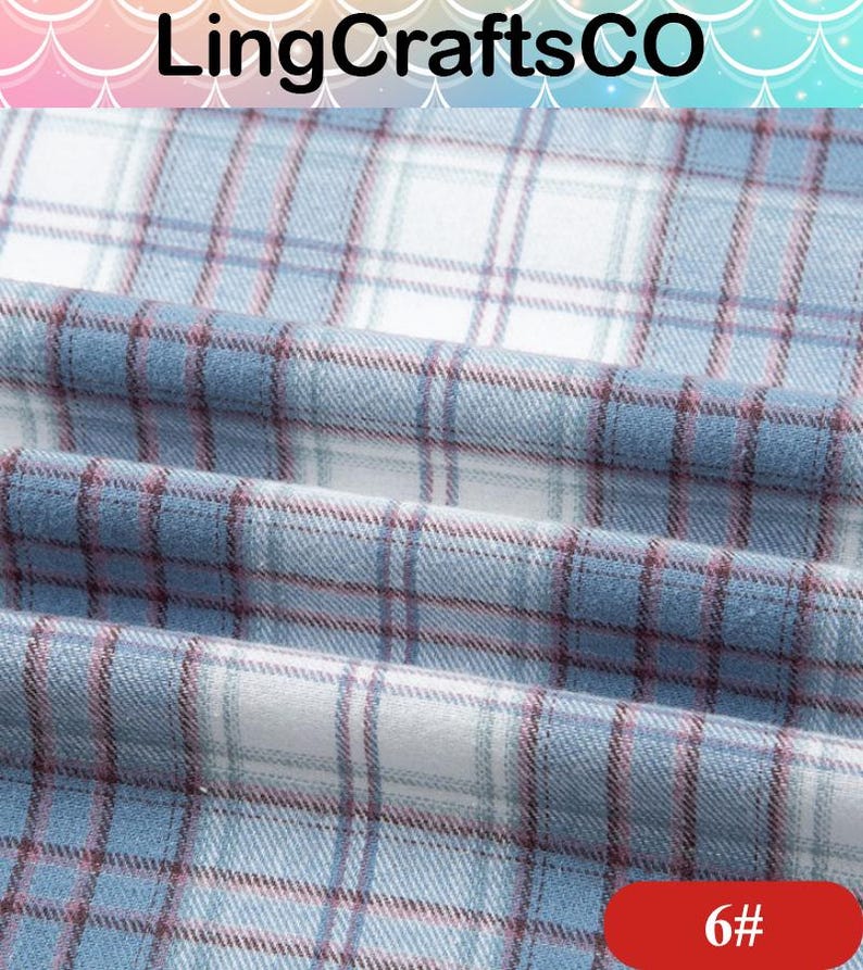 May include: A folded piece of fabric featuring a plaid pattern in shades of light blue, white, and thin dark red lines. The text LingCraftsCO is visible at the top, and the text 6# is displayed in a red rounded rectangle at the bottom right.