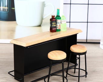 Dollhouse Furniture Bar Table Chair Pub Set 1:12 Scale Miniature Bar Counter Stool