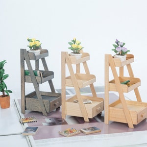 1:12 Dollhouse Miniature Wooden Rack Flower Stand Three Shelves Drawers Plain Planters Mini Furniture Model Kids Toys