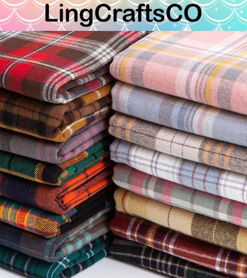 May include: Two stacks of folded fabric featuring various plaid and tartan patterns. The left stack includes red, brown, green, and dark blue tones. The right stack features lighter pastel shades of pink, blue, grey, and beige with white accents.