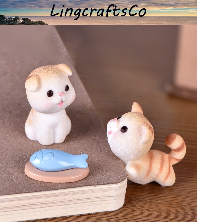 Miniature Cat Statue Miniature Cute Cat Fish Plate Set Etsy