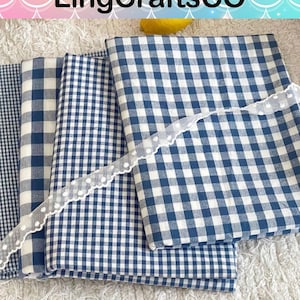 Tela de algodón a cuadros azules cortada a medida, tela a cuadros retro para confección de ropa, manteles y tapicería. imagen 2